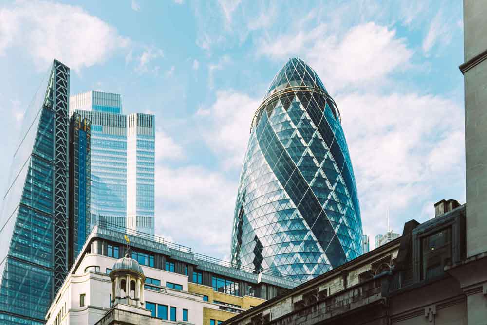 London, UNITED KINGDOM - OCTOBER 15, 2019 : London Citys glass skyscrapers in one of the worlds biggest financial districts